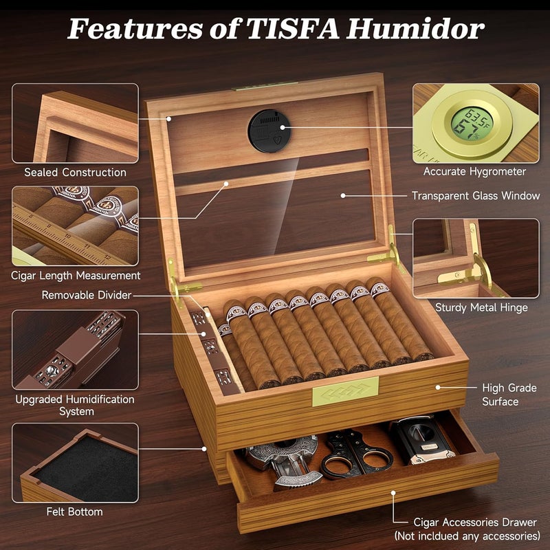 TISFA Cigar Box Handcrafted Humidor with Hygrometer and Humidifier, Cedar Wooden Humidor Case with Drawer, Divider, Cigar Length Gauge, Desktop Humidor Box Gifts Cigar Accessories (Light) - Image 3